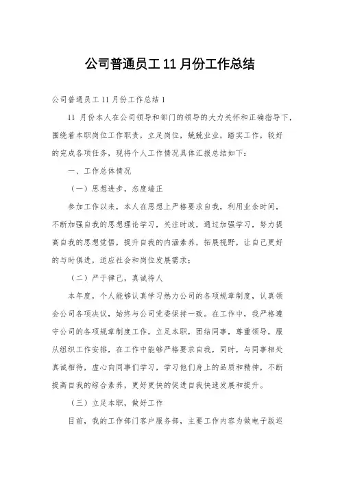 公司普通员工11月份工作总结