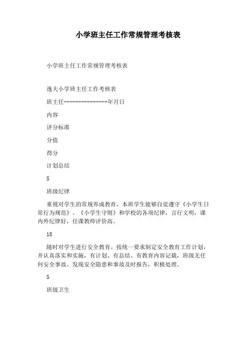 小学班主任工作常规管理考核表
