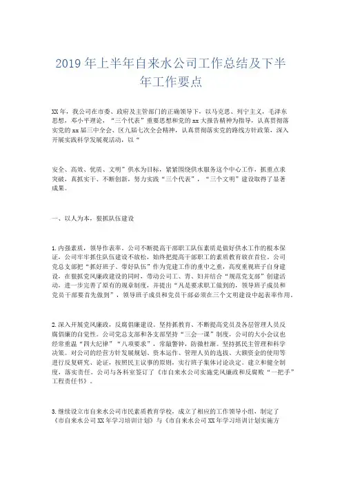 工作总结-2019年上半年自来水公司工作总结及下半年工作要点 精品