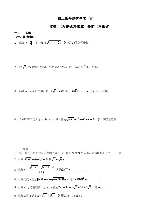 初二数学培优学案3实数 二次根式及运算  最简二次根式