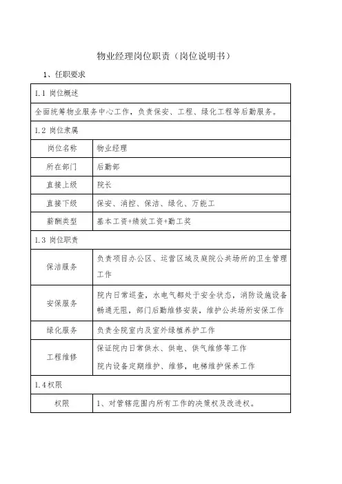 物业经理岗位职责(岗位说明书)