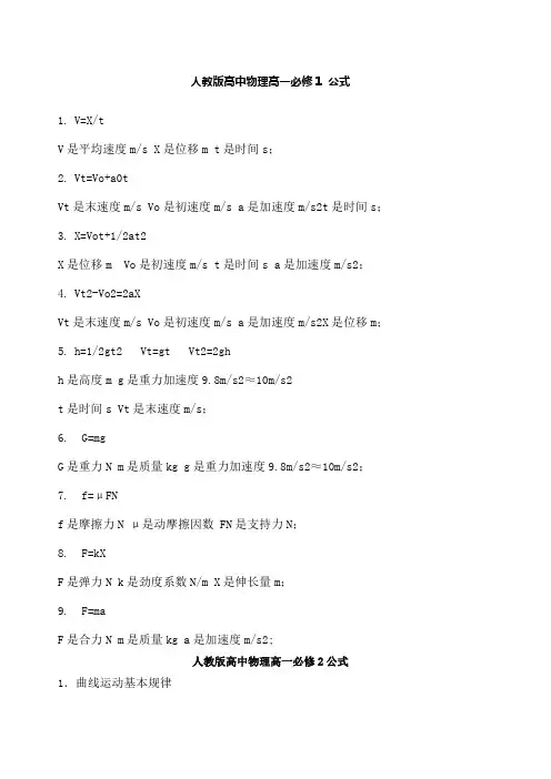 高中物理必修一必修二公式