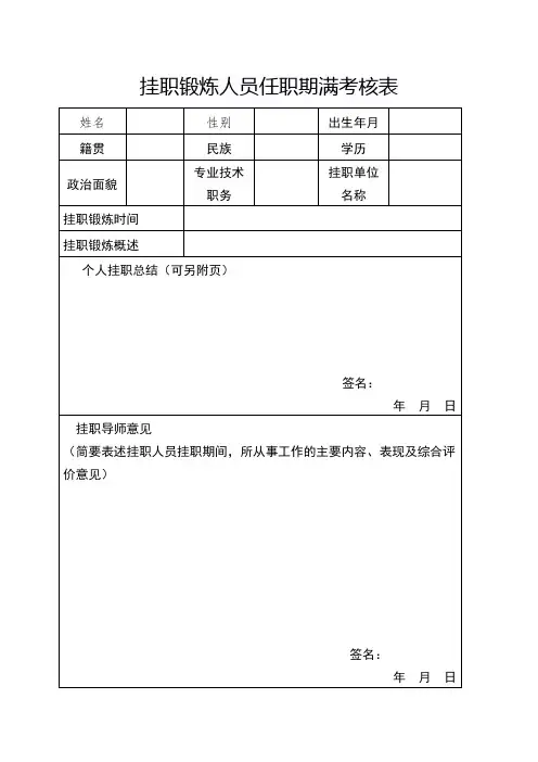 挂职锻炼人员任职期满考核表