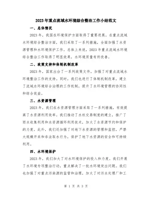 2023年重点流域水环境综合整治工作小结范文