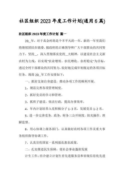 社区组织2023年度工作计划(通用6篇)