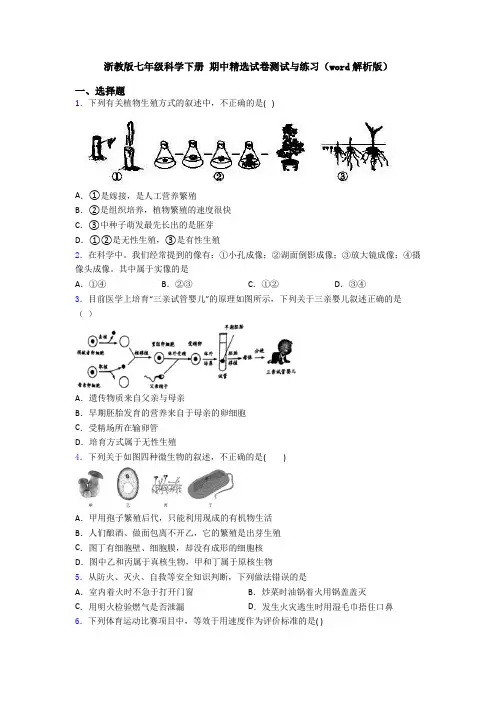 浙教版七年级科学下册 期中精选试卷测试与练习(word解析版)