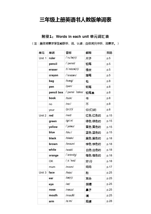 三年级上册英语书人教版单词表