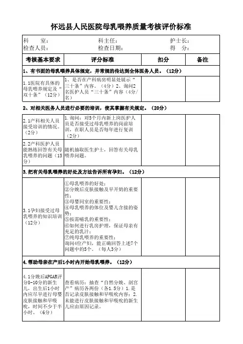 母乳喂养质量考核评价标准