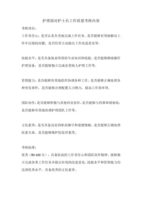 护理部对护士长工作质量考核内容