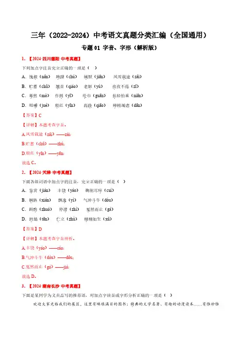 专题01 字音、字形(解析版)三年(2022-2024)中考语文真题分类汇编(全国通用)