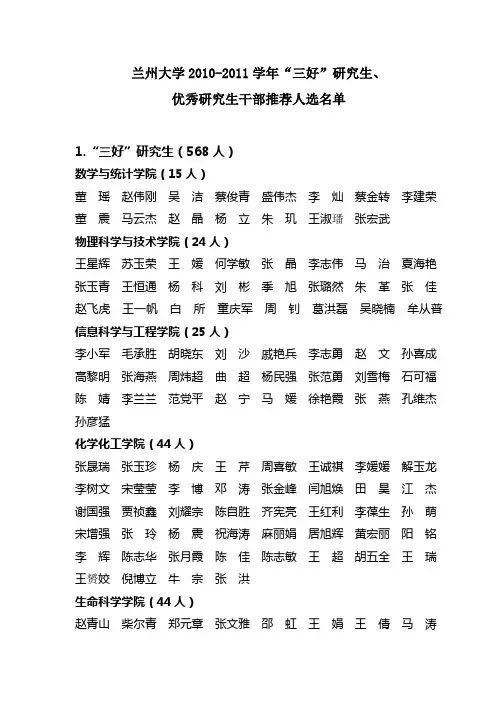 兰州大学2010-2011学年三好研究生、