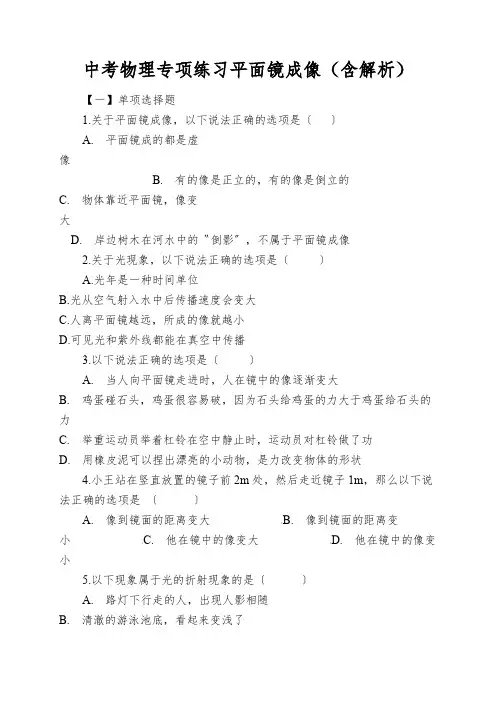 中考物理专项练习平面镜成像(含解析)