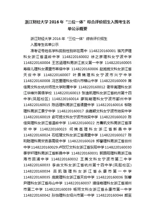 浙江财经大学2016年“三位一体”综合评价招生入围考生名单公示概要