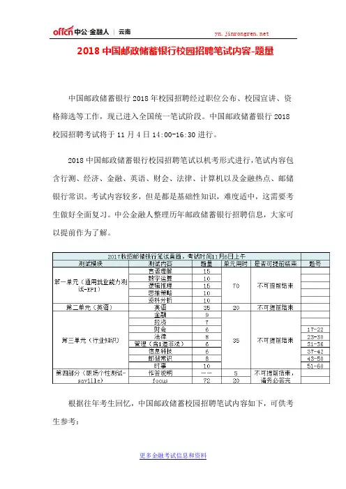 2018中国邮政储蓄银行校园招聘笔试内容-题量
