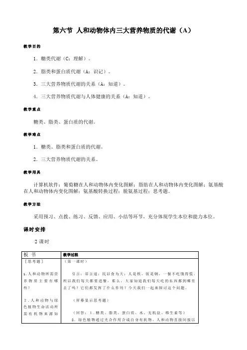 高中生物人和动物体内三大营养物质的代谢教案1人教版 必修1