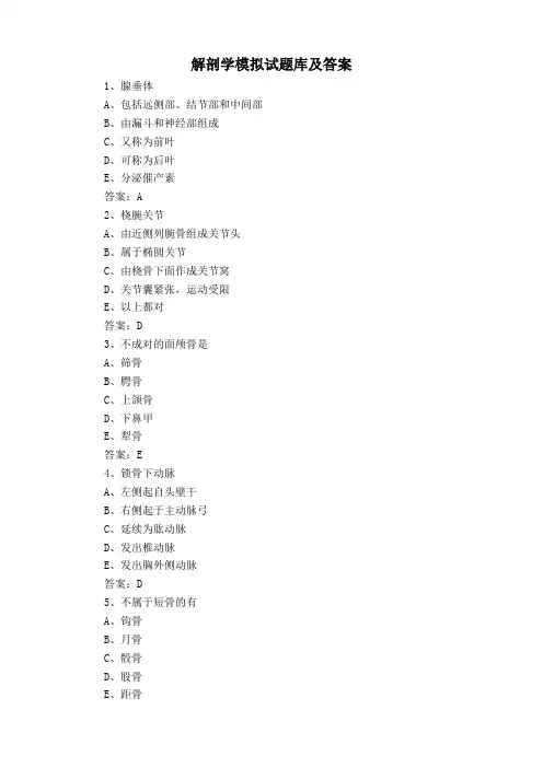 解剖学模拟试题库及答案