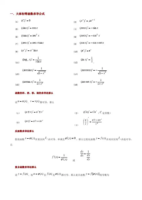经常使用的求导和定积分公式