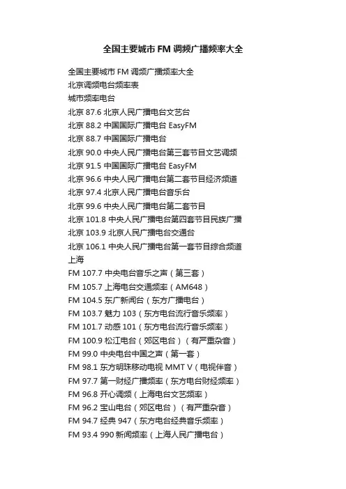全国主要城市FM调频广播频率大全