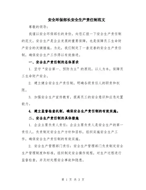 安全环保部长安全生产责任制范文