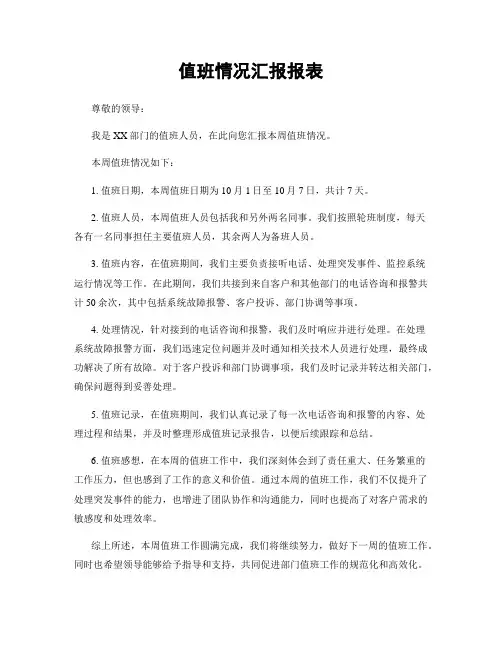 值班情况汇报报表