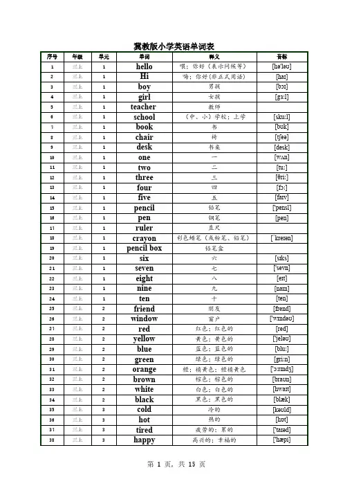 小学英语冀教版3-6年级单词表