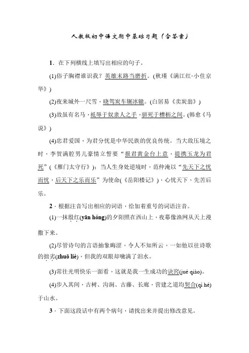 人教版初中语文期中基础习题(含答案)