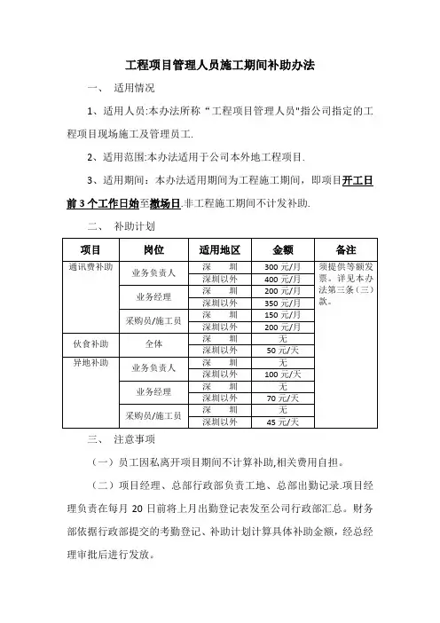 工程项目管理人员施工期间补助办法
