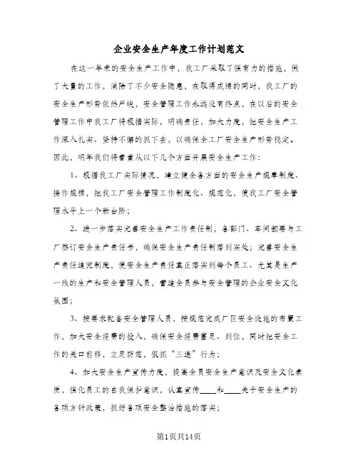 企业安全生产年度工作计划范文(五篇)