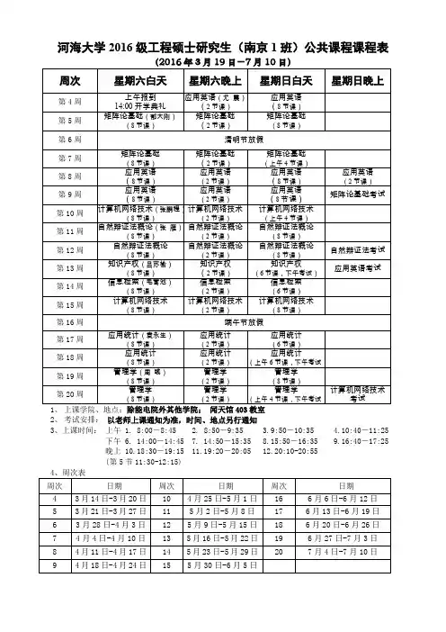 河海大学2016级工程硕士研究生南京1班公共课程课程表