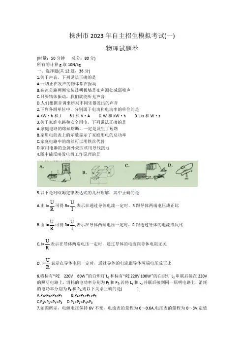 2023年湖南省株洲市自主招生模拟考试物理试卷(一)(含答案)
