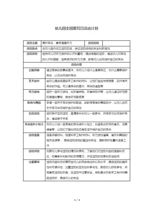 幼儿园全园爱耳日活动计划
