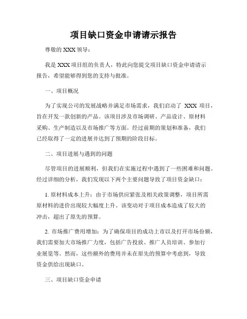 项目缺口资金申请请示报告