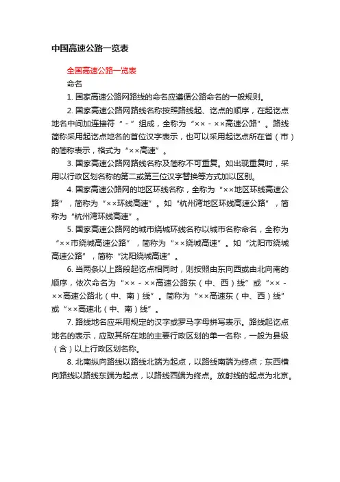中国高速公路一览表