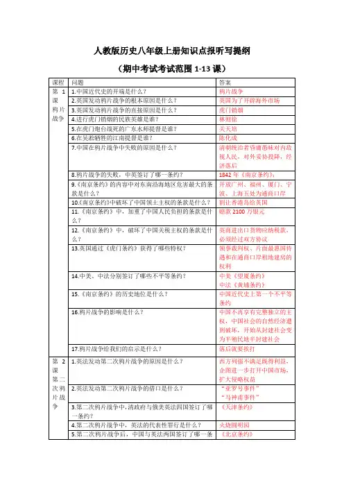 人教版历史八年级上册知识点报听写提纲