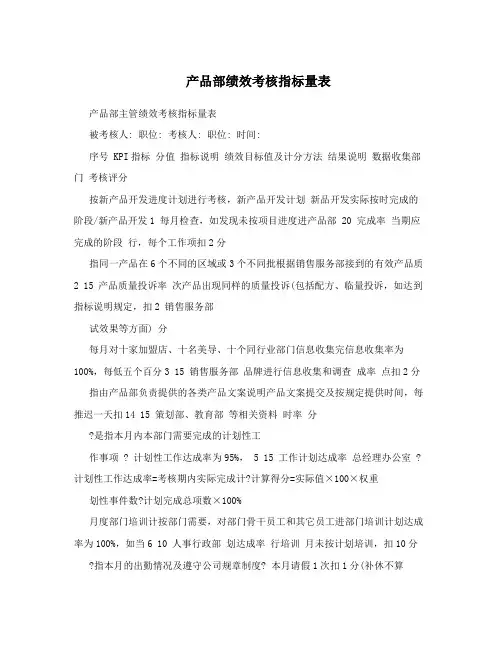 产品部绩效考核指标量表