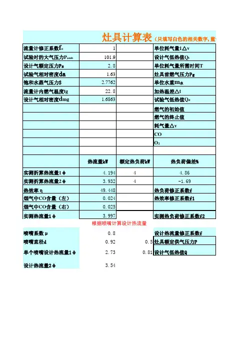 灶具热负荷、热效率、CO计算表001