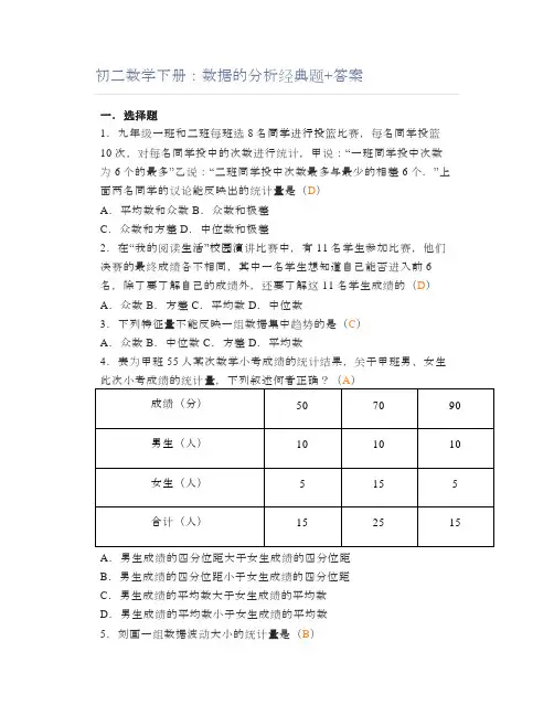 初二数学下册：数据的分析经典题+答案