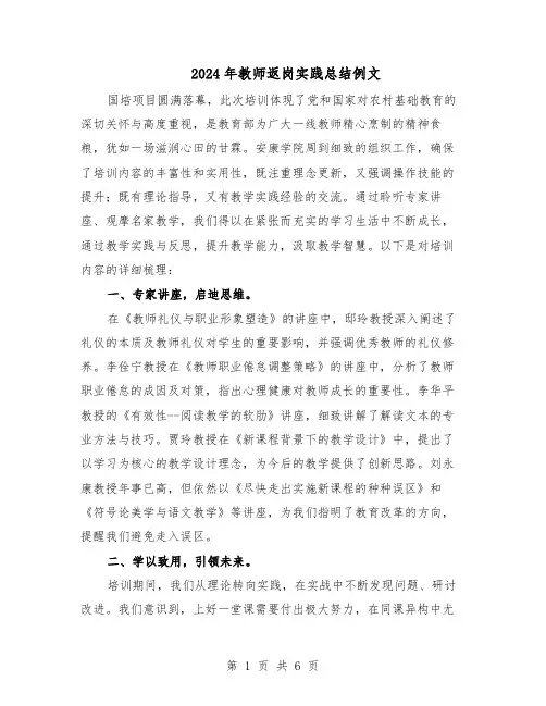 2024年教师返岗实践总结例文（3篇）