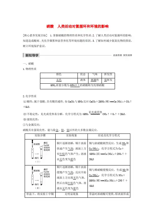 2019_2020学年高中化学第3章自然界中的元素第2节第3课时硝酸人类活动对氮循环和环境的影响学案鲁科版
