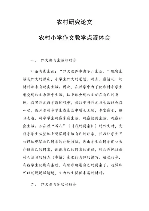 课题研究论文：农村小学作文教学点滴体会