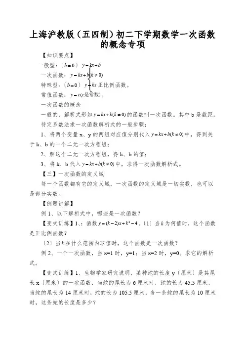 上海沪教版(五四制)初二下学期数学一次函数的概念专项