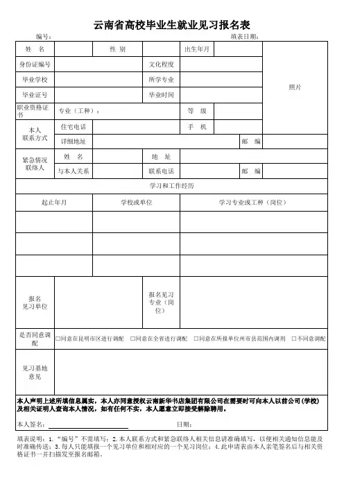 云南省高校毕业生就业见习报名表xls-报名表