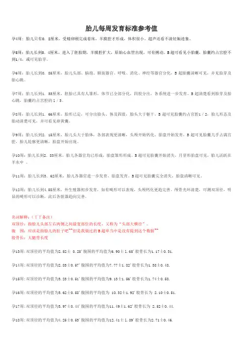 胎儿每周发育标准参考值附孕妇体重表