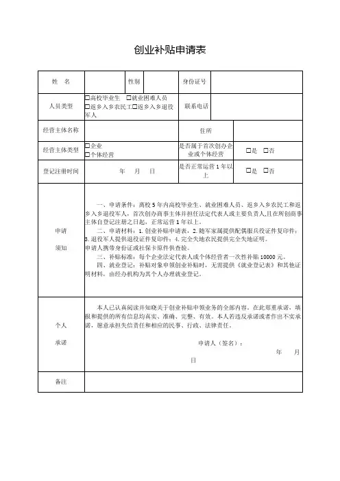 创业补贴申请表