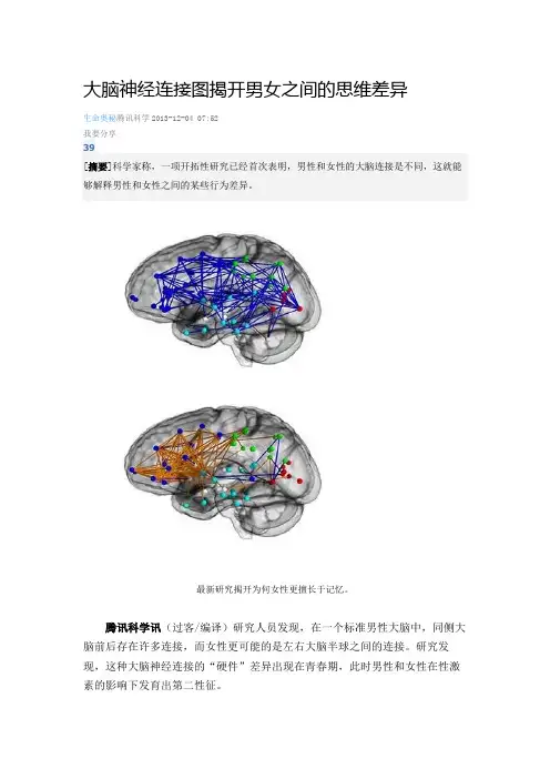 大脑神经连接图揭开男女之间的思维差异
