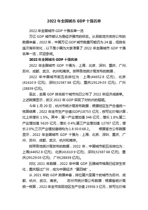 2022年全国城市GDP十强名单