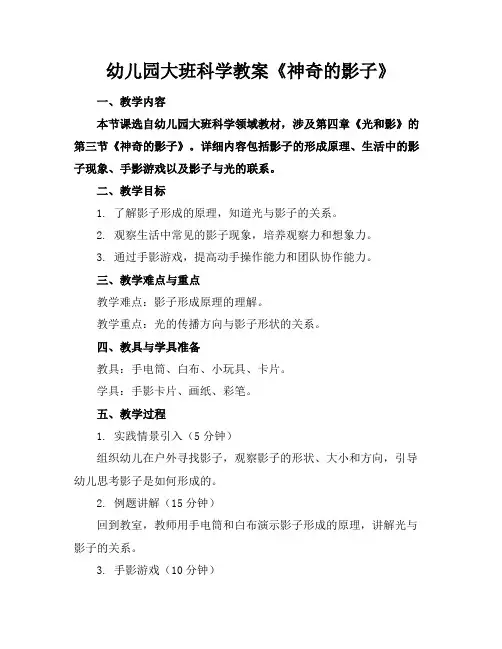幼儿园大班科学教案《神奇的影子》