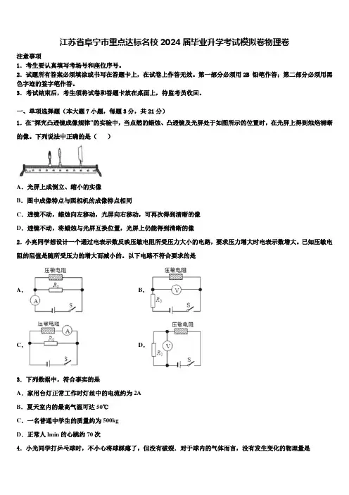 江苏省阜宁市重点达标名校2024届毕业升学考试模拟卷物理卷含解析