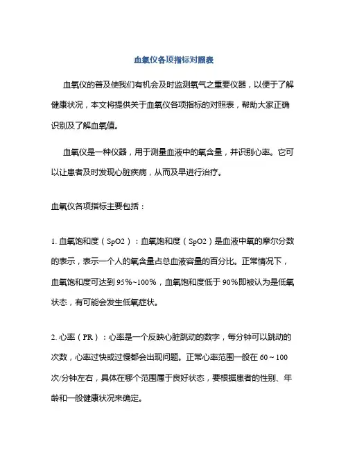 血氧仪各项指标对照表