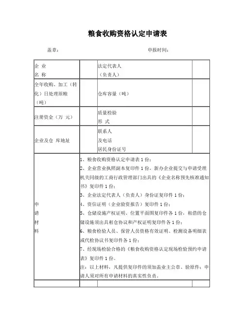 粮食收购资格认定申请表